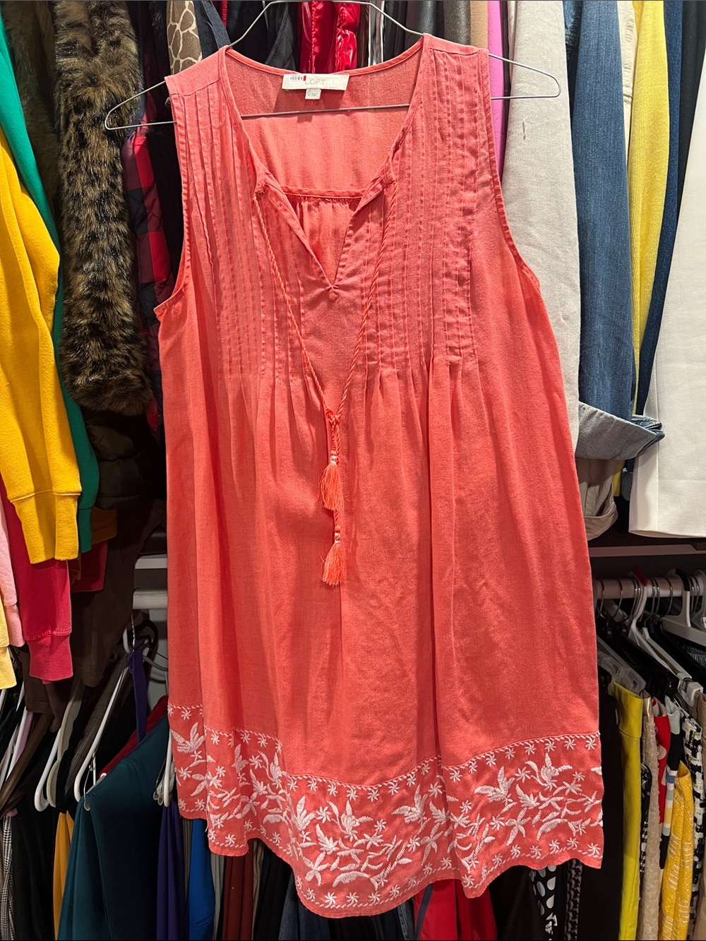 LOFT Coral Sleeveless Embroidered Tassel Aline mini dress